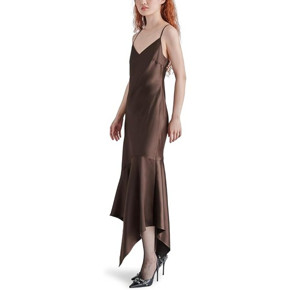 Steve Madden Brown Satin Asymmetric Slip Midi Dress - Picture 12 of 14